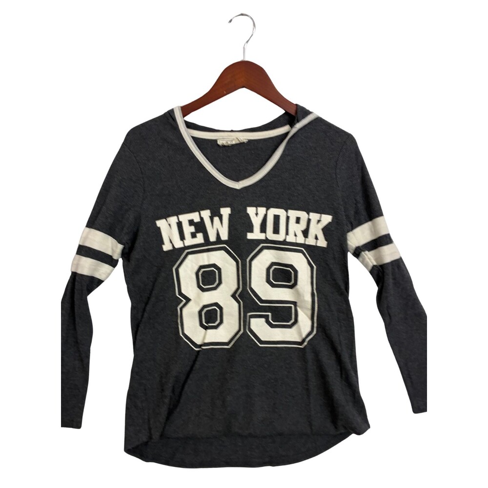 No Comment Plus Women's 1X New York 89 Hooded Shirt Gray Varsity Long Sleeve